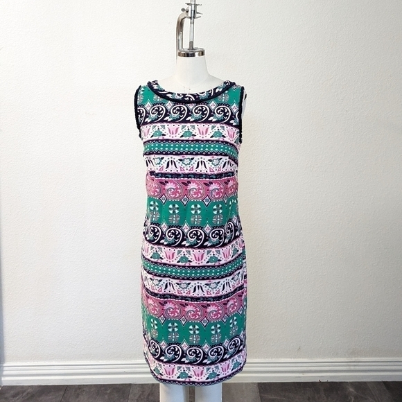 Talbots Floral Printed Fringed Shift Dress Green Pink 4 preppy summer coastal - Picture 1 of 5